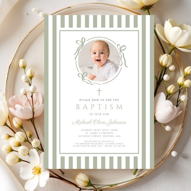 Convite Elegant Sage Green Bow Photo Boy Baptism (Elegant Sage Green Bow Photo Boy Baptism Invitation)