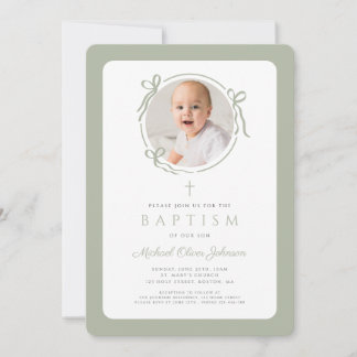Convite Elegant Sage Green Bow Photo Boy Baptism