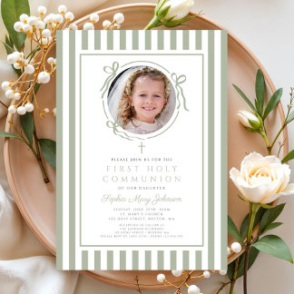 Convite Elegant Sage Green Bow Photo Girl First Communion