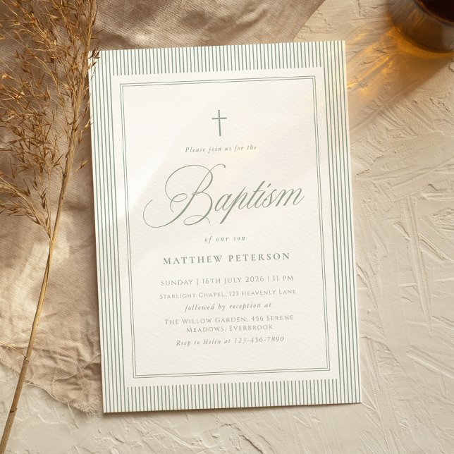 Convite Elegant Sage Green Calligraphy Baptism (Criador carregado)