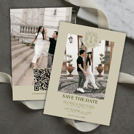 Convite Elegant Sage Green Crest Monogram Save The Date