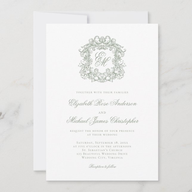 Convite Elegant Sage Green Crest Monogram Wedding (Frente)