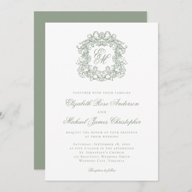 Convite Elegant Sage Green Crest Monogram Wedding (Frente/Verso)