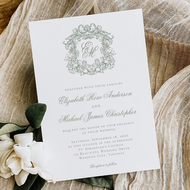 Convite Elegant Sage Green Crest Monogram Wedding (Criador carregado)