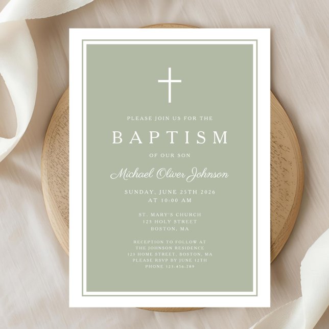 Convite Elegant Sage Green Cross Baby Boy Baptism (Elegant Sage Green Cross Baby Boy Baptism Invitation)