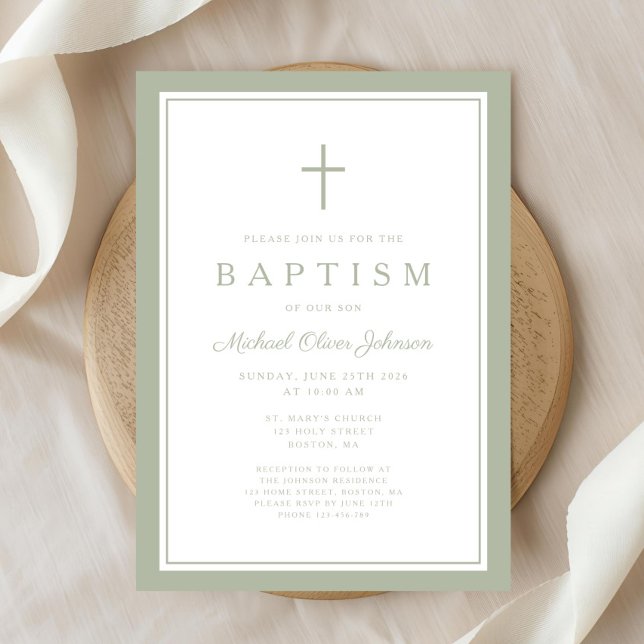 Convite Elegant Sage Green Cross Boy Baptism (Elegant Sage Green Cross Boy Baptism Invitation)