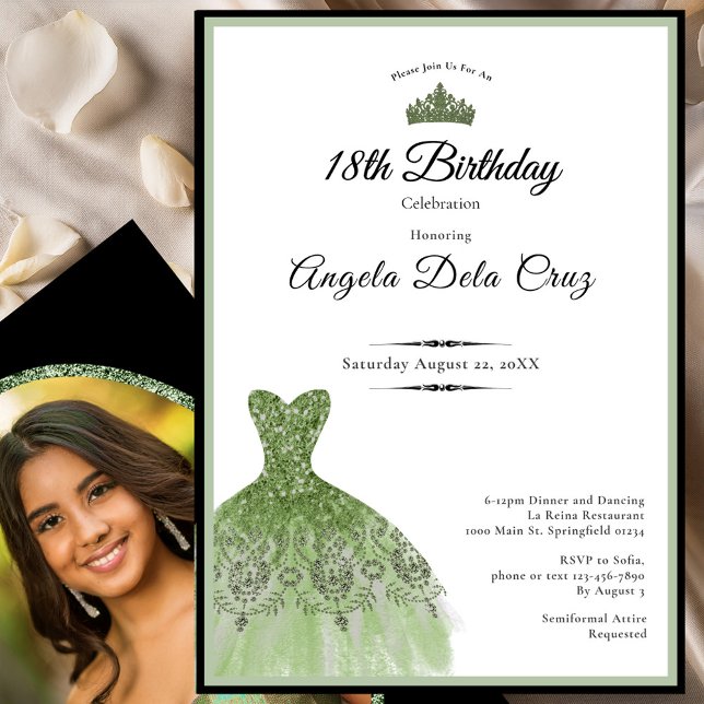 Convite Elegant sage green dress 18th birthday debut invit (Criador carregado)