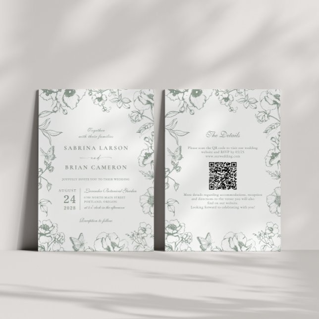 Convite Elegant Sage Green Floral Garden QR Code Wedding (Criador carregado)