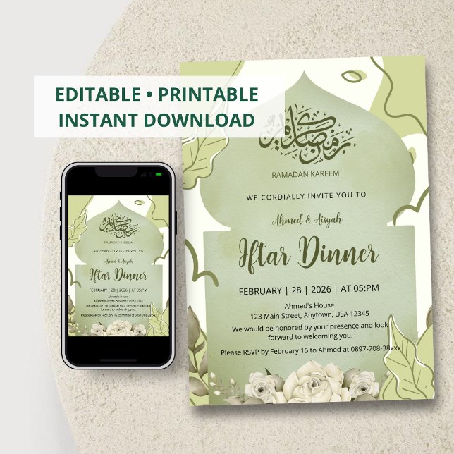 Convite Elegant Sage Green Floral Iftar Dinner Invitation (Criador carregado)