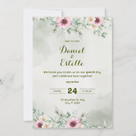 Convite Elegant Sage Green Floral Watercolor Wedding Invi