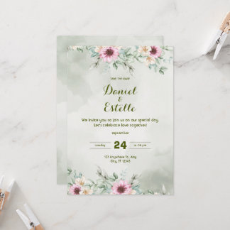 Convite Elegant Sage Green Floral Watercolor Wedding Invi