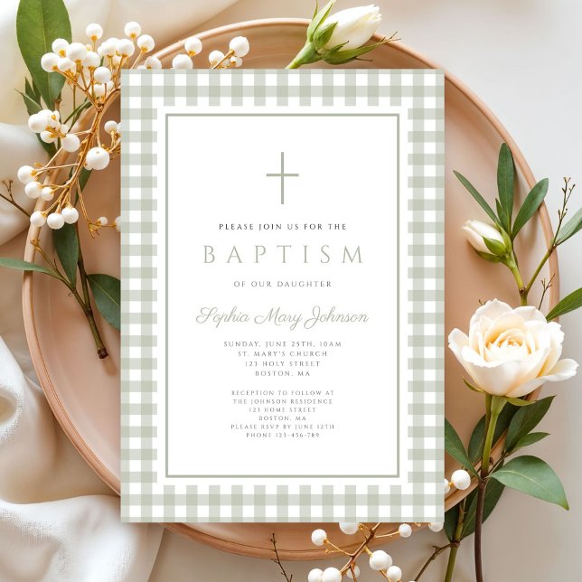 Convite Elegant Sage Green Gingham Girl Baptism (Elegant Sage Green Gingham Girl Baptism Invitation)