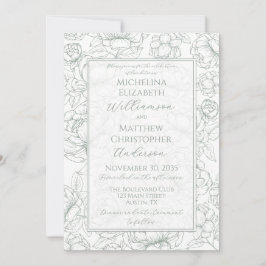 Convite Elegant Sage Green Hand-Drawn Floral Wedding Invi
