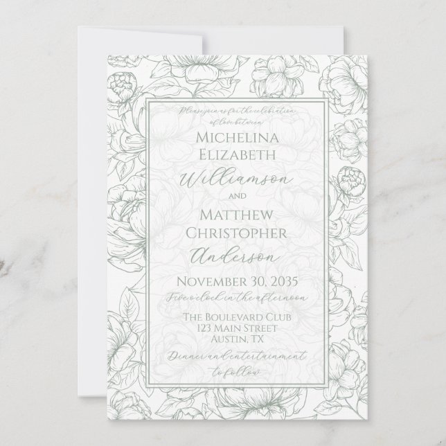 Convite Elegant Sage Green Hand-Drawn Floral Wedding  Invi (Frente)