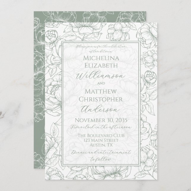 Convite Elegant Sage Green Hand-Drawn Floral Wedding  Invi (Frente/Verso)