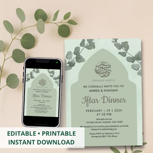 Convite Elegant Sage Green Islamic Arch Iftar Dinner (Criador carregado)