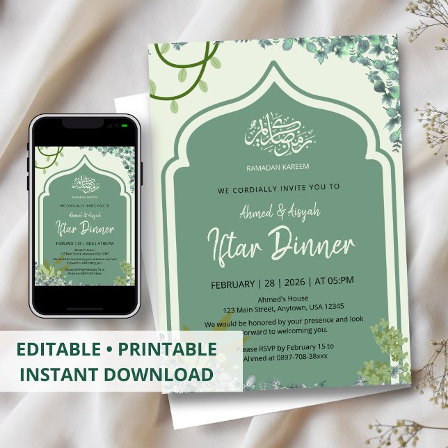 Convite Elegant Sage Green Islamic Arched Iftar Dinner (Criador carregado)