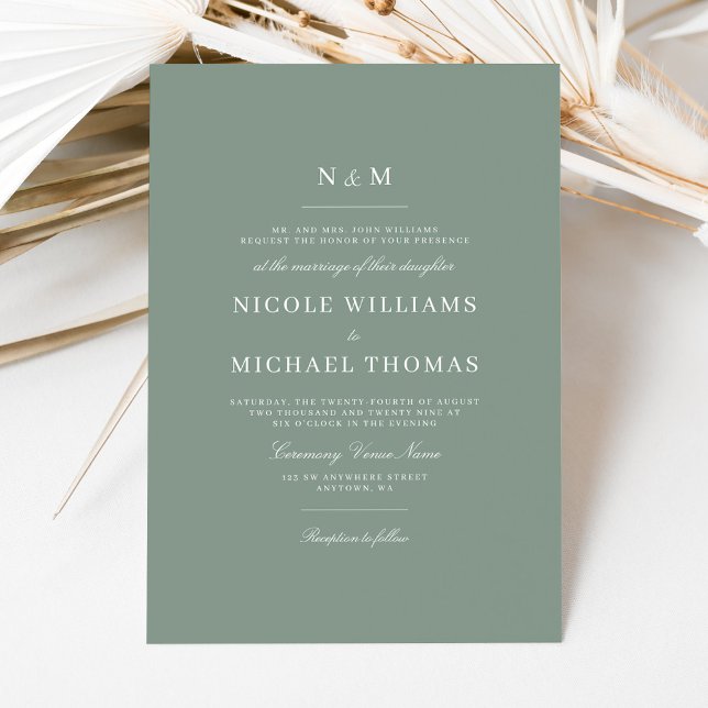 Convite Elegant Sage Green Monogram Classic Wedding (Criador carregado)