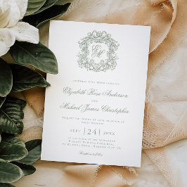 Convite Elegant Sage Green Monogram Crest Wedding
