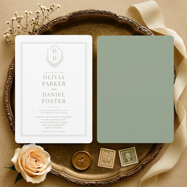 Convite Elegant Sage Green Monogram Crest Wedding (Criador carregado)