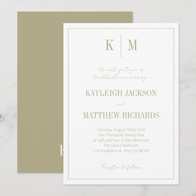 Convite Elegant Sage Green Monogram Wedding  (Frente/Verso)