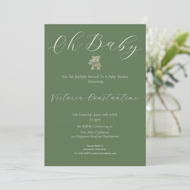 Convite Elegant Sage Green Oh Baby Bear Shower Invitation (Em pé/Frente)