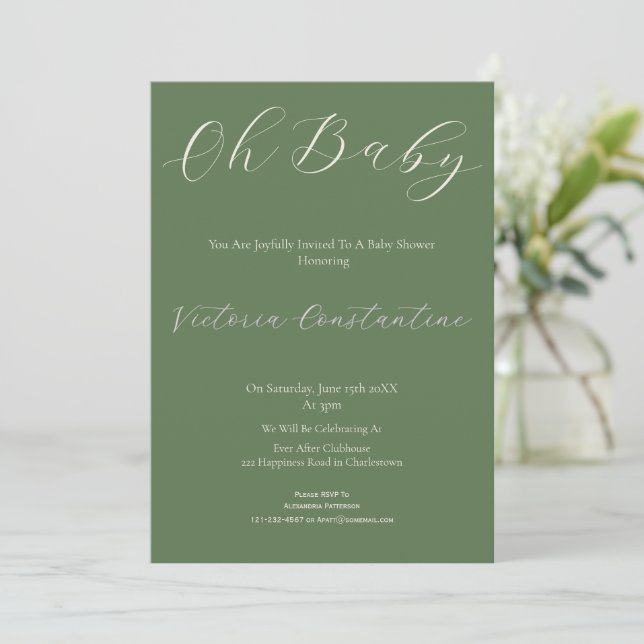 Convite Elegant Sage Green Oh Baby Shower Invitation (Em pé/Frente)