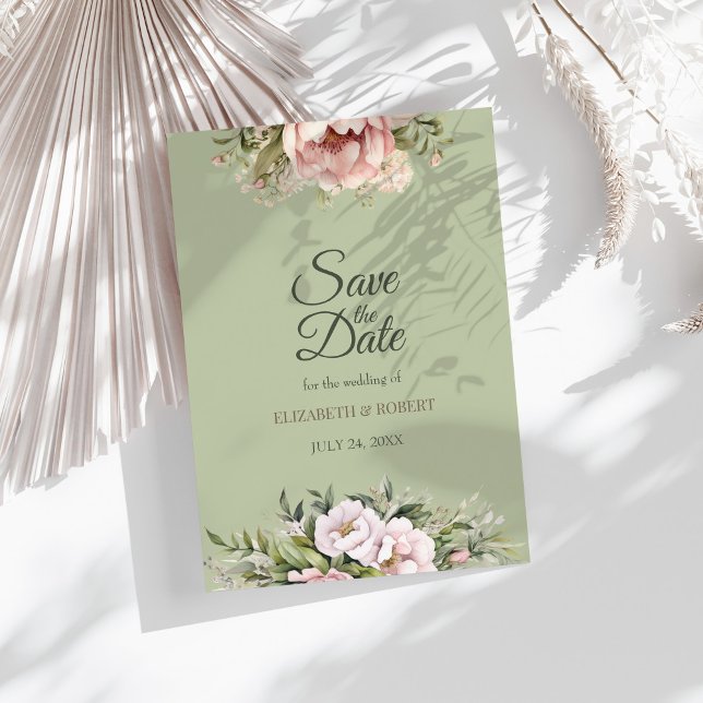 Convite Elegant Sage Green Peony Floral Save the Date Card (Elegant Sage Green Peony Floral Save the Date Card on a sunny table with dry white botanicals)