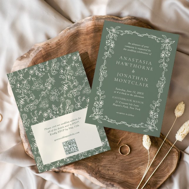 Convite Elegant Sage Green QR Code RSVP Victorian Wedding (Criador carregado)
