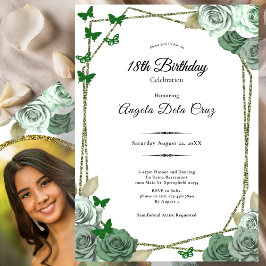 Convite Elegant Sage Green Rose 18th Birthday Debut 