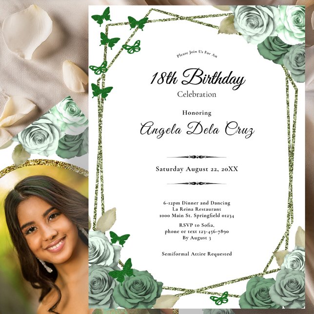 Convite Elegant Sage Green Rose 18th Birthday Debut  (Criador carregado)