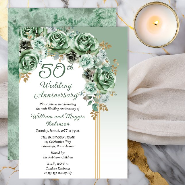 Convite Elegant Sage Green Rose Floral 50th Anniversary (Elegant Sage Green Rose Floral 50th Anniversary Invitation - Print | Digital Download)