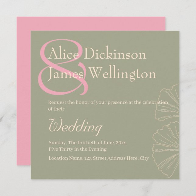 Convite Elegant Sage Green & Rose Pink Ginkgo Wedding (Frente/Verso)