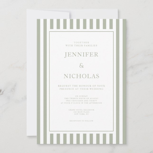 Convite Elegant Sage Green Stripes Wedding (Frente)