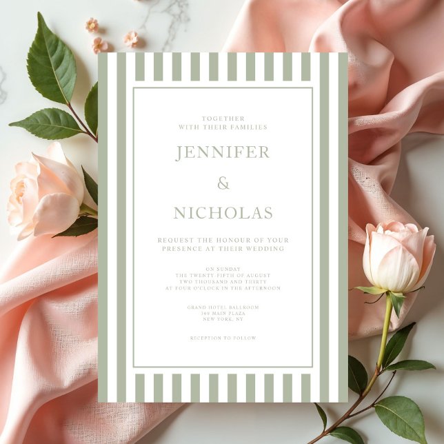 Convite Elegant Sage Green Stripes Wedding (Elegant Sage Green Stripes Wedding Invitation)