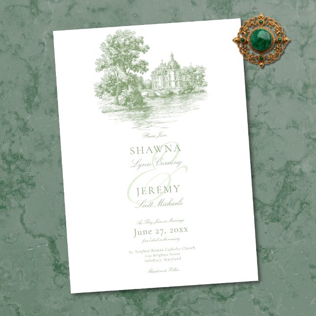 Convite Elegant Sage Green Toile French Manor Wedding (Elegant Sage Green Toile French Manor Wedding Invitation)