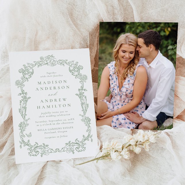 Convite Elegant Sage Green Victorian Floral Photo Wedding (Criador carregado)