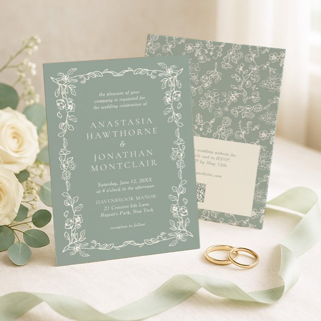 Convite Elegant Sage Green Vintage Qr Code Wedding (Criador carregado)