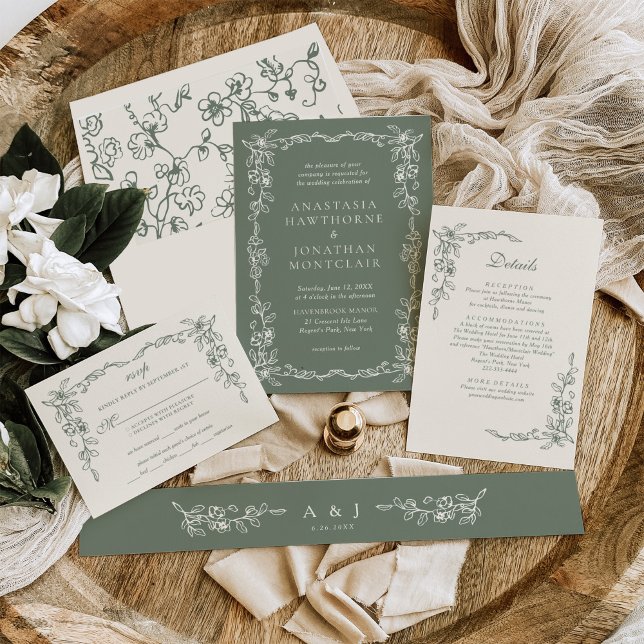Convite Elegant Sage Green Vintage Victorian Wedding (Criador carregado)