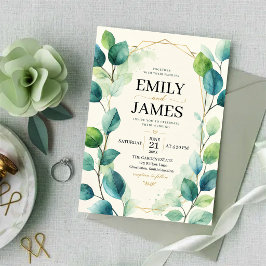 Convite Elegant Sage Green Watercolor Eucalyptus Leaves