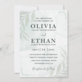 Convite Elegant Sage Green Watercolor Foliage Wedding 