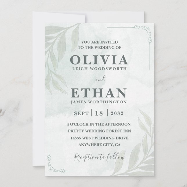 Convite Elegant Sage Green Watercolor Foliage Wedding  (Frente)