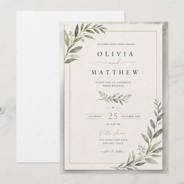 Convite Elegant Sage Green Wedding Invitation | Minimalist (Frente/Verso)