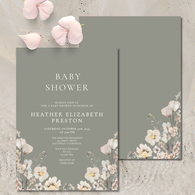 Convite Elegant Sage Green Wildflower Baby Shower  (Criador carregado)