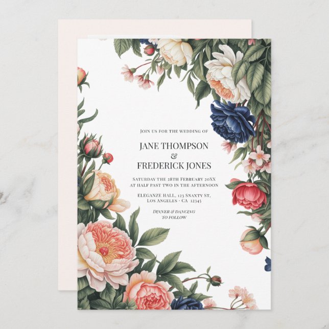 Convite Elegant Sage, Navy & Peach Floral Wedding QR Code (Frente/Verso)