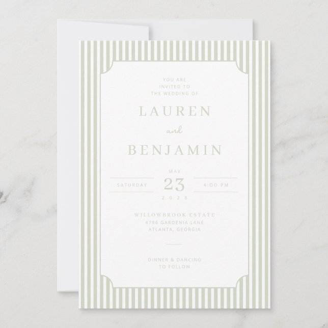 Convite Elegant Sage Striped Wedding Invitation (Frente)