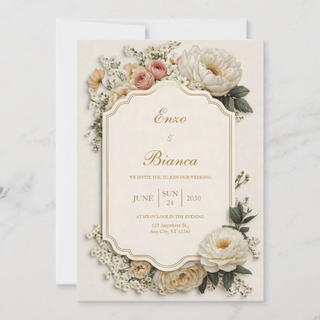 Convite Elegant Scalloped Blush Peony Floral Wedding (Frente)
