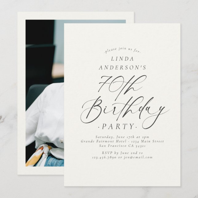 Convite Elegant Script 70th Birthday Party Photo (Frente/Verso)