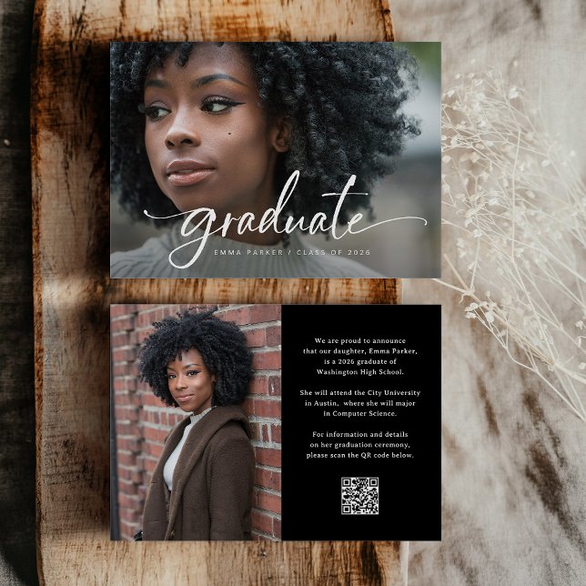 Convite Elegant Script and Black Photo QR Code Grad Party (Criador carregado)