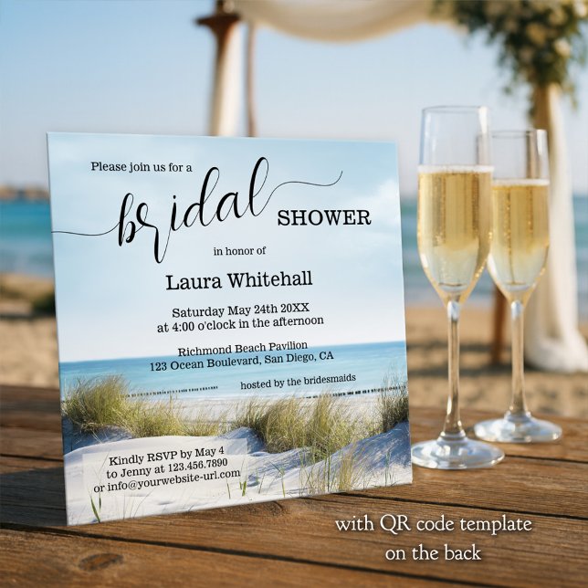 Convite Elegant Script Beach Bridal Shower (Beach bridal shower invitation showing a view from the dunes over the ocean - with QR code template)